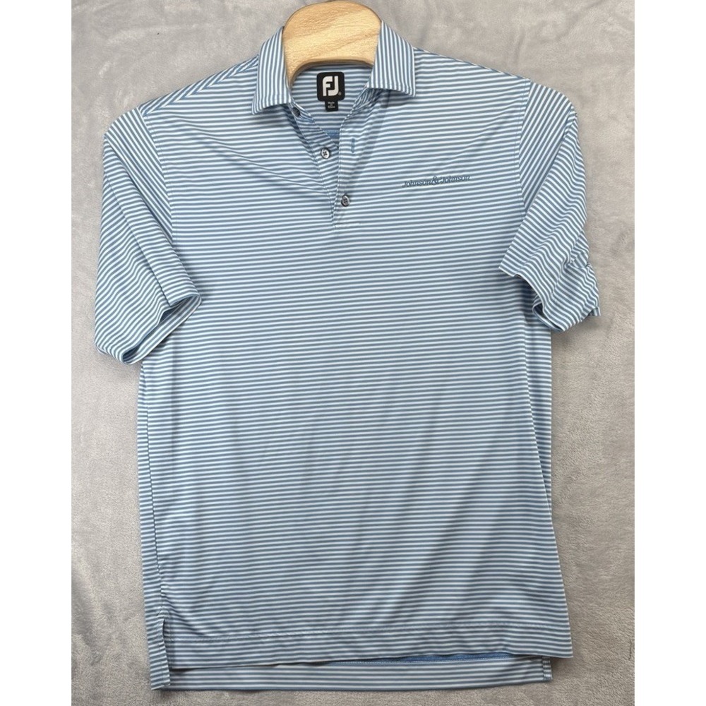 FootJoy‎ FJ Johnson & Johnson Logo Polo Staff Shirt Blue White Striped Men's M